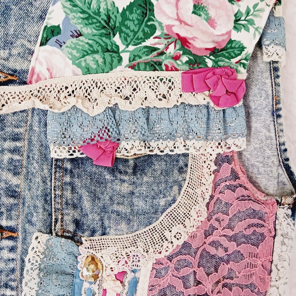 Vest Women Button-Up Jordache Demin Lace Ribbon Jewel Trim Pocket Custom Size XL - Picture 7 of 14